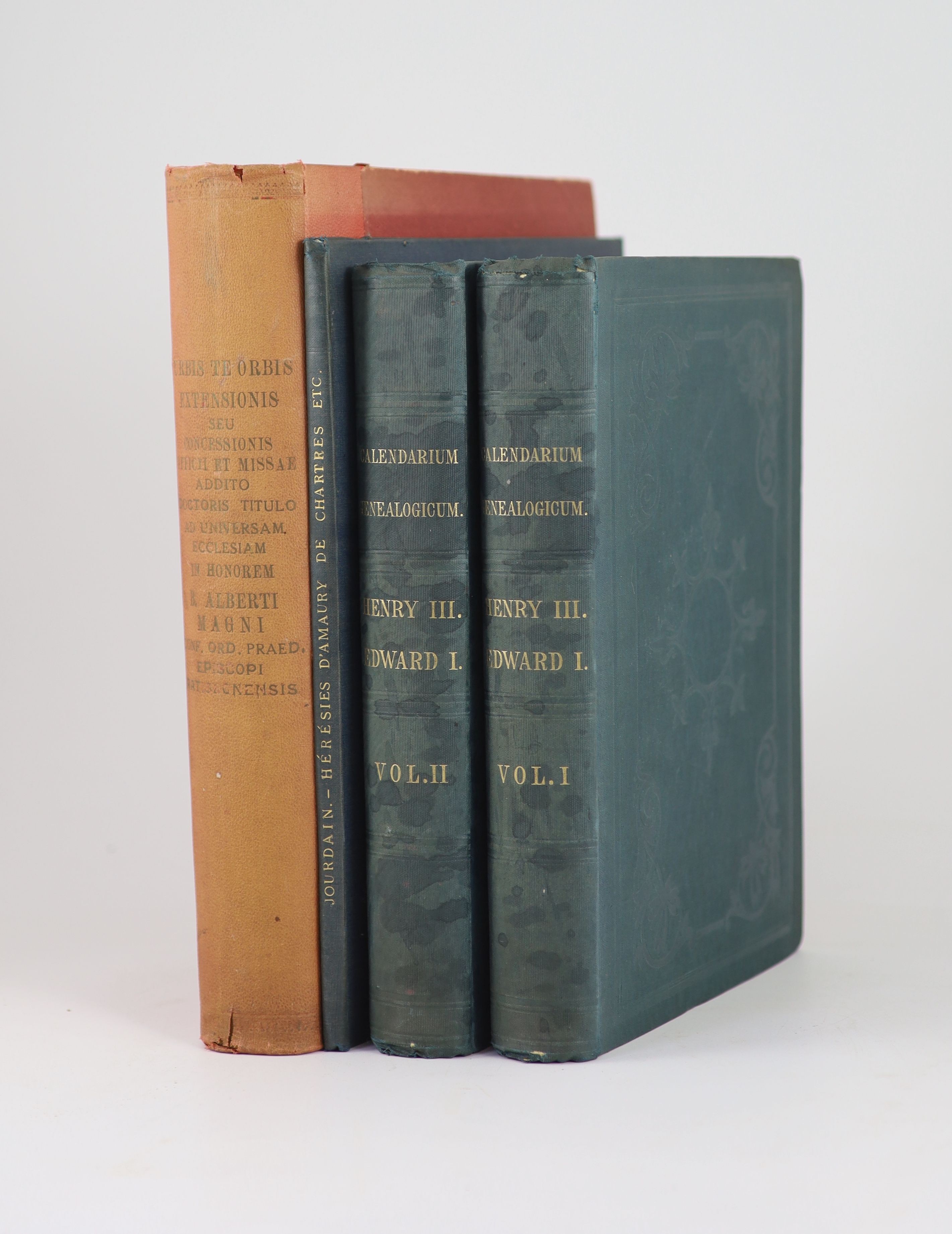 Roberts, Charles. [Ed.] Calendar Genealogicum. Henry III. and Edward I. Two volumes, Published by Authority of the Lords Commissioners of Her Majesty’s Treasury, under the Direction of the Master of the Rolls. 1865. Fold